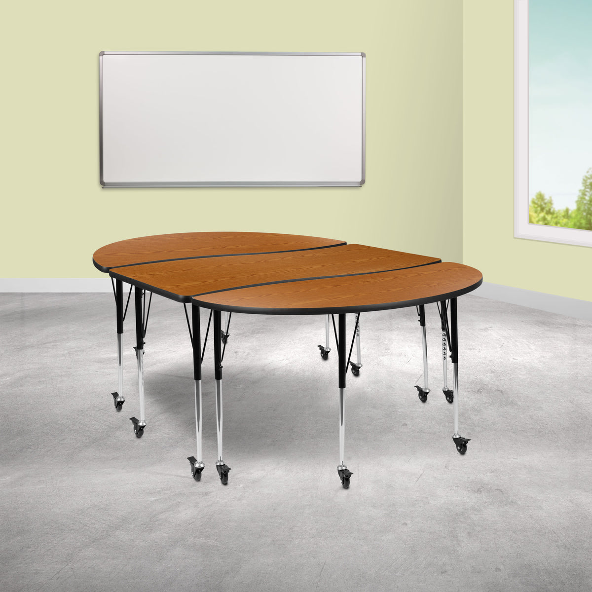 Oak |#| 3 Piece Mobile 86inch Oval Wave Flexible Oak Adjustable Activity Table Set