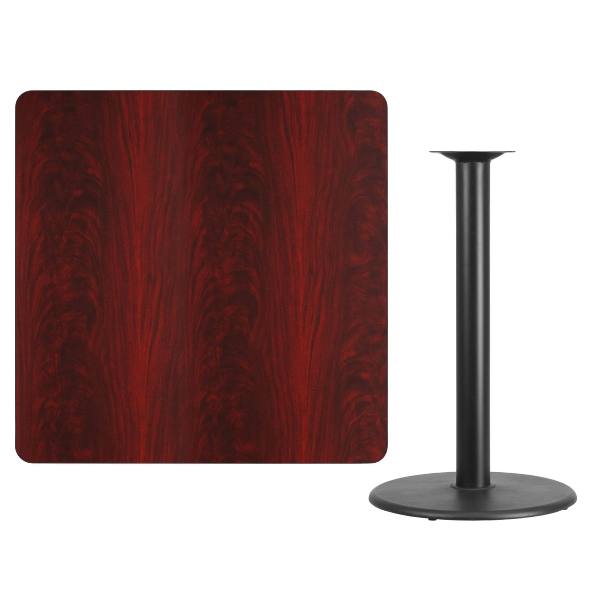 Mahogany |#| 42inch Square Mahogany Laminate Table Top with 24inch Round Bar Height Table Base