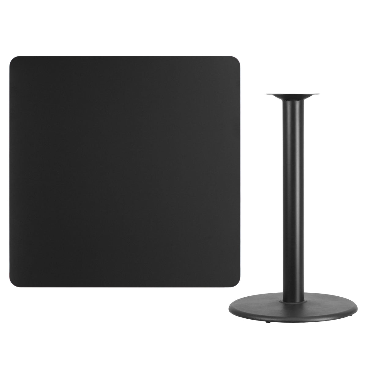 Black |#| 42inch Square Black Laminate Table Top with 24inch Round Bar Height Table Base