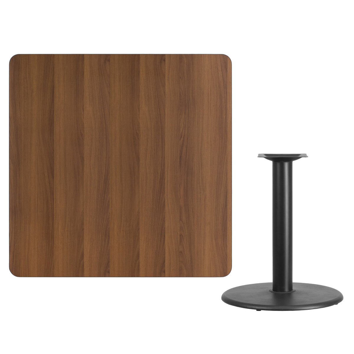 Walnut |#| 42inch Square Walnut Laminate Table Top with 24inch Round Table Height Base