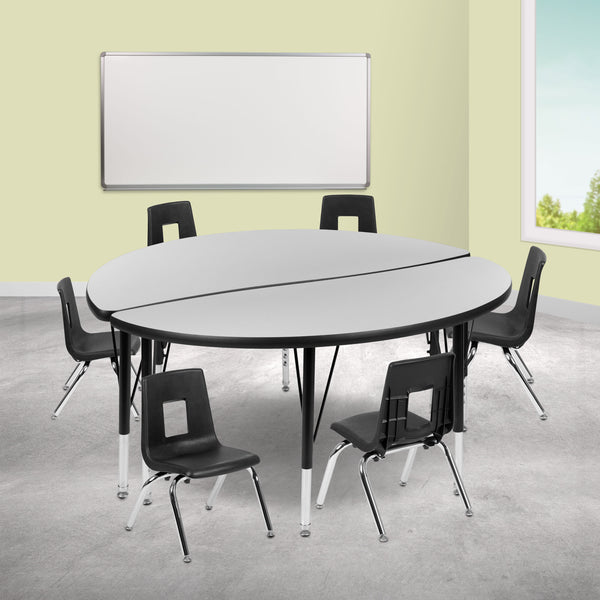 Grey |#| 47.5inch Circle Wave Activity Table Set with 12inch Student Stack Chairs, Grey/Black