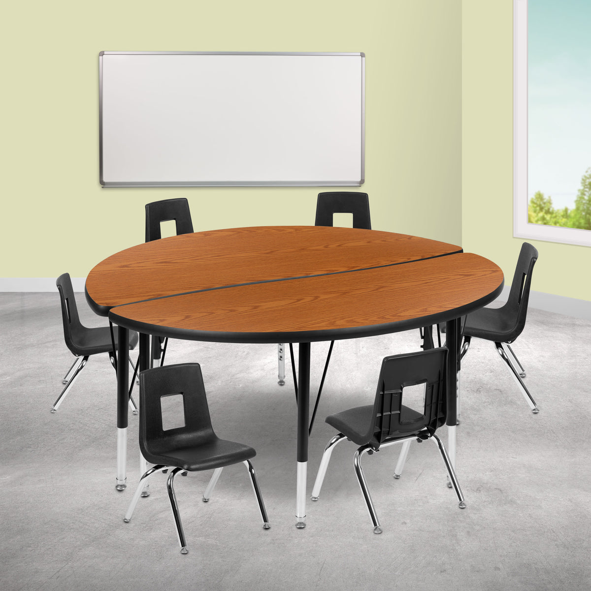 Oak |#| 47.5inch Circle Wave Activity Table Set with 12inch Student Stack Chairs, Oak/Black