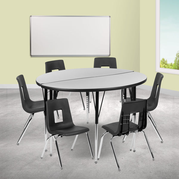 Grey |#| 47.5inch Circle Wave Activity Table Set with 16inch Student Stack Chairs, Grey/Black
