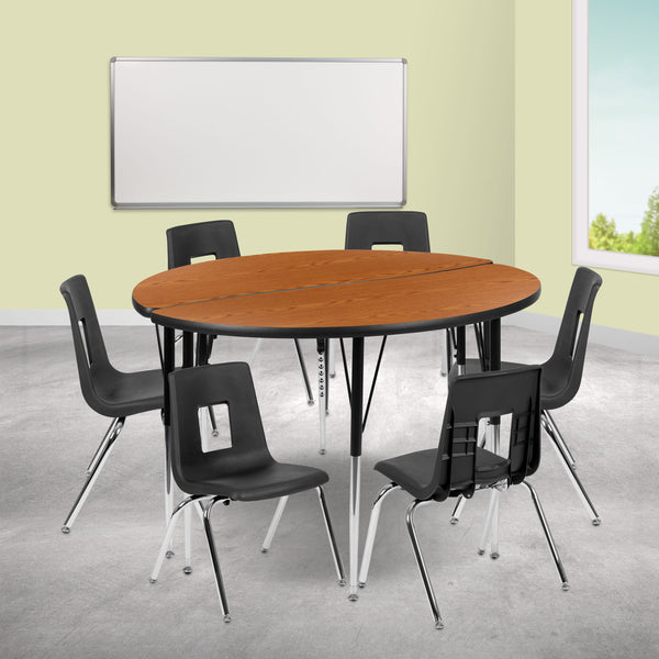 Oak |#| 47.5inch Circle Wave Activity Table Set with 16inch Student Stack Chairs, Oak/Black