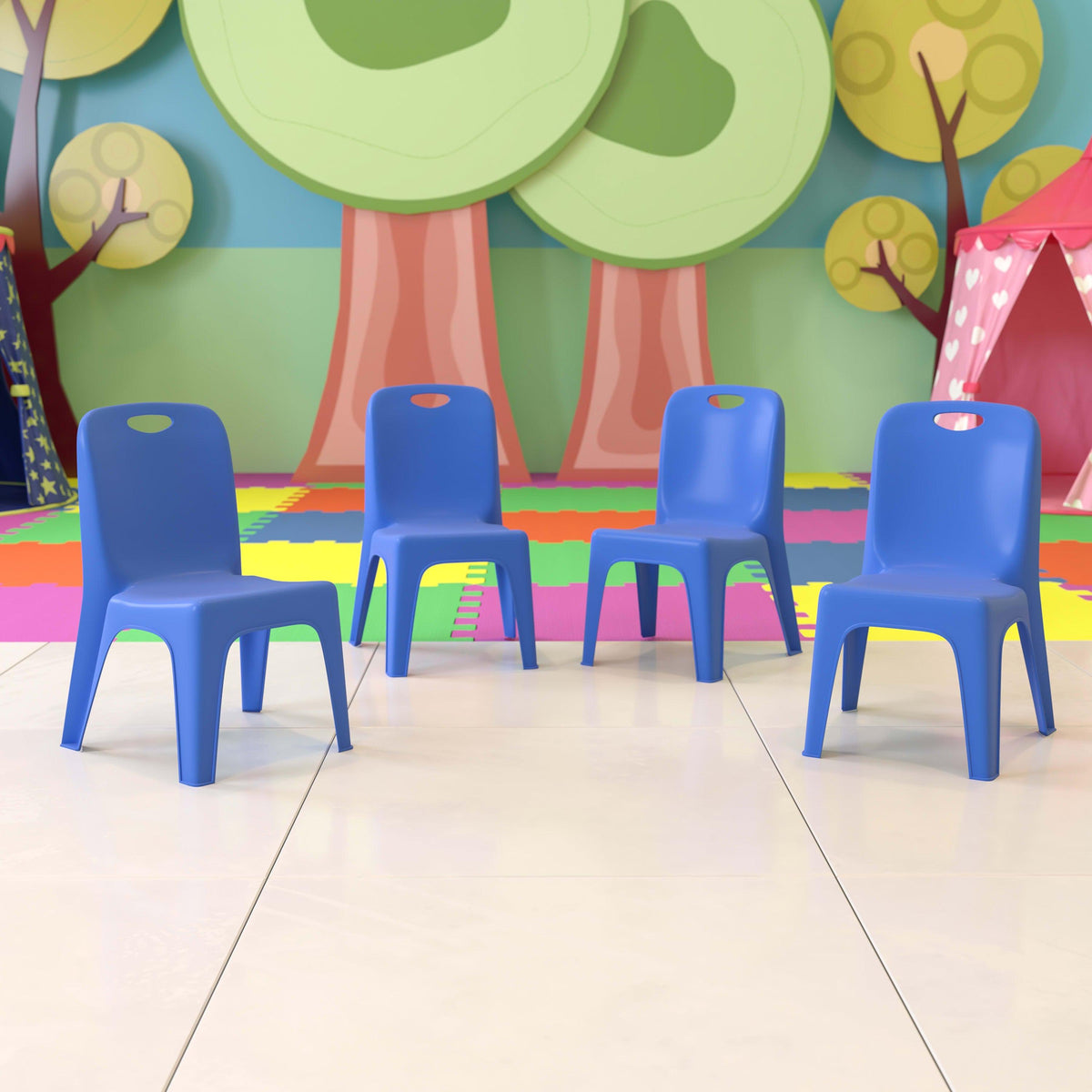Blue |#| 4 Pack Blue Plastic Stack School Chair with Carrying Handle and 11inch Seat Height