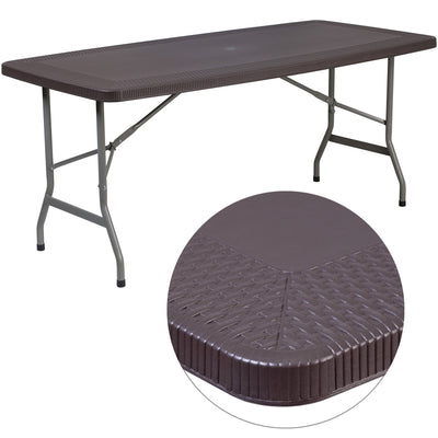 5.62-Foot Rattan Indoor-Outdoor Plastic Folding Table with Umbrella Hole
