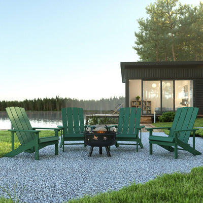 5 Piece Charlestown Poly Resin Wood Adirondack Chair Set with Fire Pit - Star and Moon Fire Pit with Mesh Cover - View 2