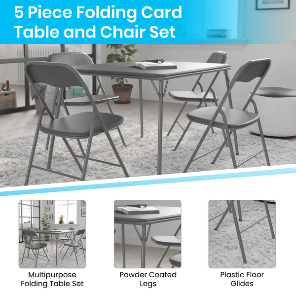 Gray |#| 5 Piece Gray Folding Card Table and Chair Set with Upholstered Table Top