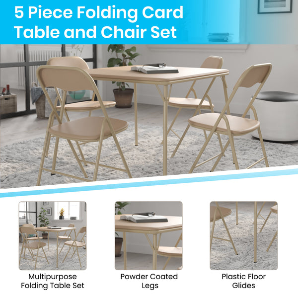 Tan |#| 5 Piece Tan Folding Card Table and Chair Set with Upholstered Table Top