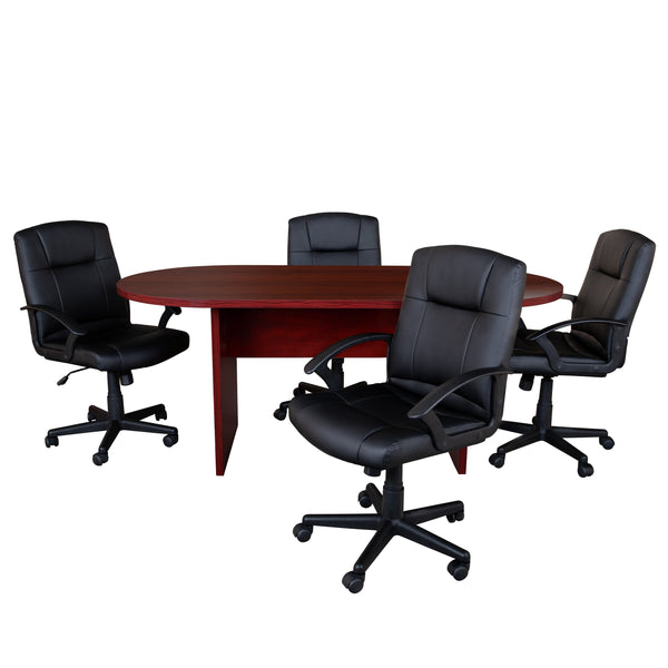 Mahogany |#| 5 Piece Mahogany Oval Conference Table with 4 Black LeatherSoft-Padded Chairs