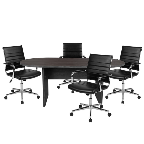 Rustic Gray |#| 5 Piece Rustic Gray Oval Conference Table with 4 Black LeatherSoft Ribbed Chairs