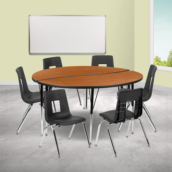 Oak |#| 60inch Circle Wave Activity Table Set with 16inch Student Stack Chairs, Oak/Black