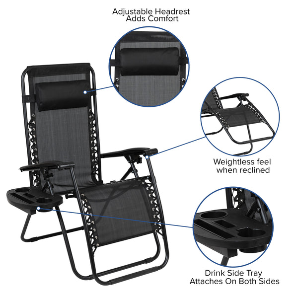 Black |#| 2 Pack Adjustable Mesh Zero Gravity Lounge Chair with Cup Holder Tray - Black