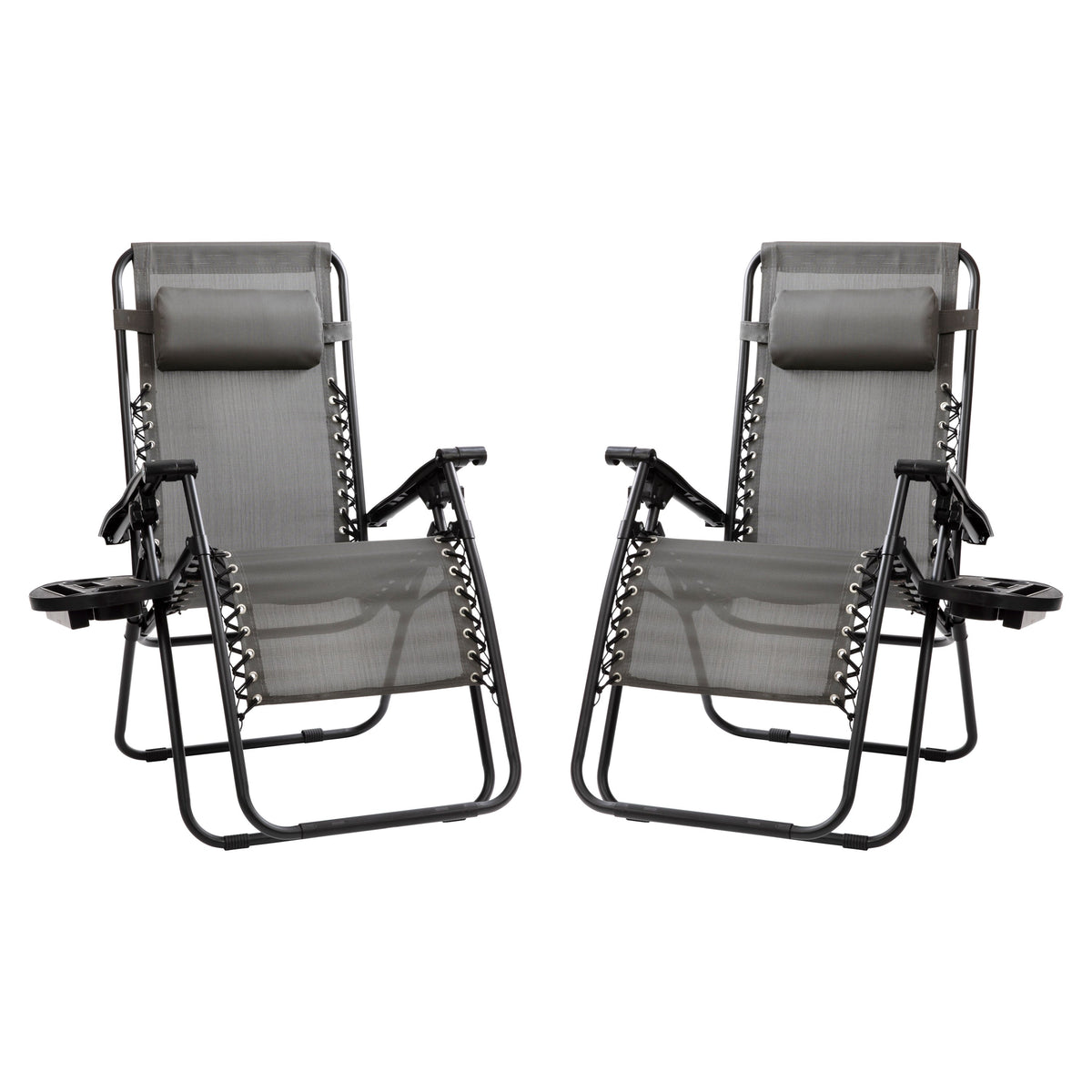 Gray |#| 2 Pack Adjustable Mesh Zero Gravity Lounge Chair with Cup Holder Tray - Gray