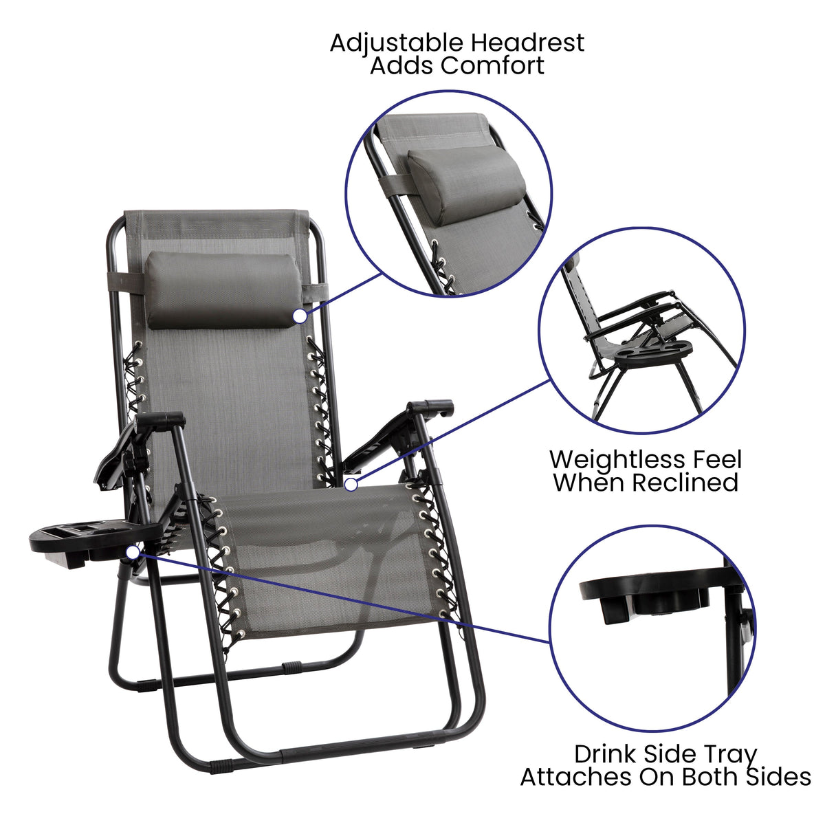 Gray |#| 2 Pack Adjustable Mesh Zero Gravity Lounge Chair with Cup Holder Tray - Gray