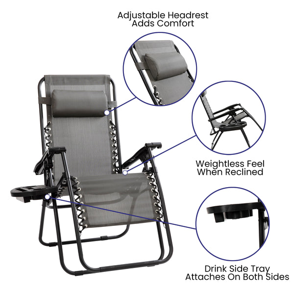 Gray |#| 2 Pack Adjustable Mesh Zero Gravity Lounge Chair with Cup Holder Tray - Gray