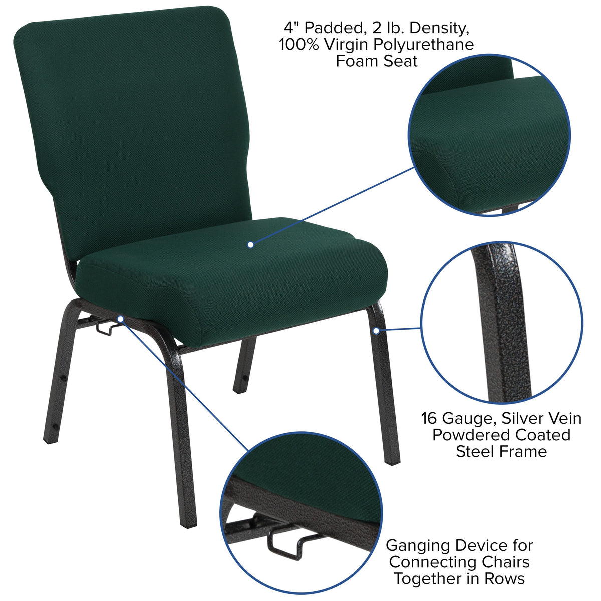 Hunter Green Fabric/Silver Vein Frame |#| 20.5inch Hunter Molded Foam Stacking Church Chair