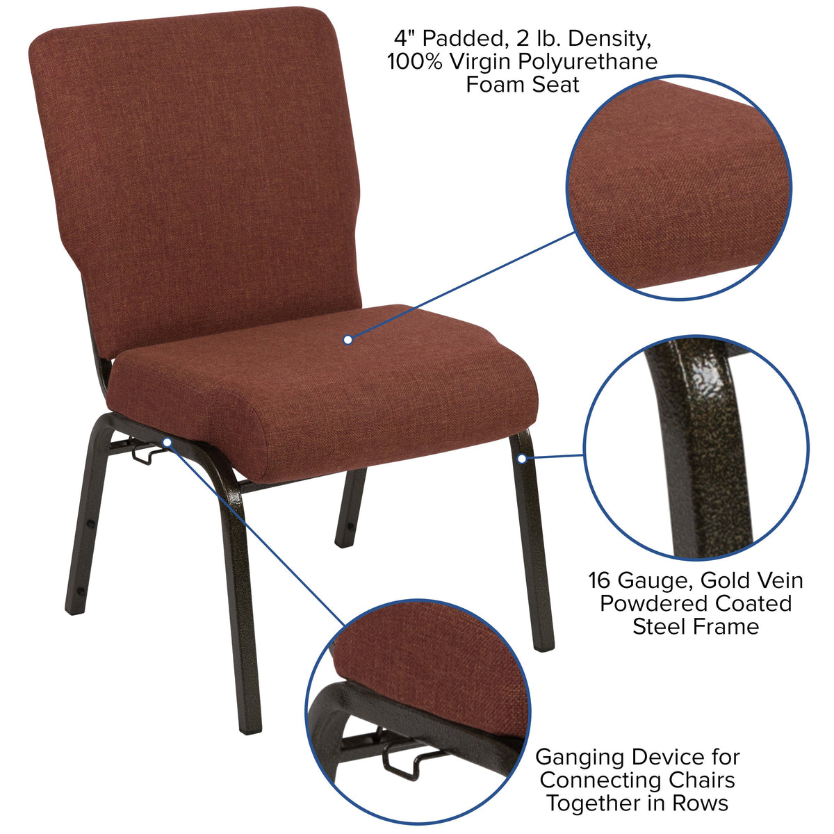 Cinnamon Fabric/Gold Vein Frame |#| 20.5inch Cinnamon Molded Foam Stacking Church Chair