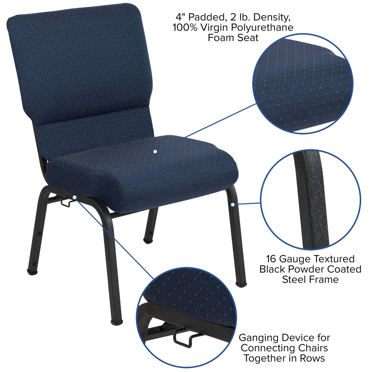 Cobalt Fabric/Black Frame |#| 20.5inch Cobalt Molded Foam Stacking Church Chair