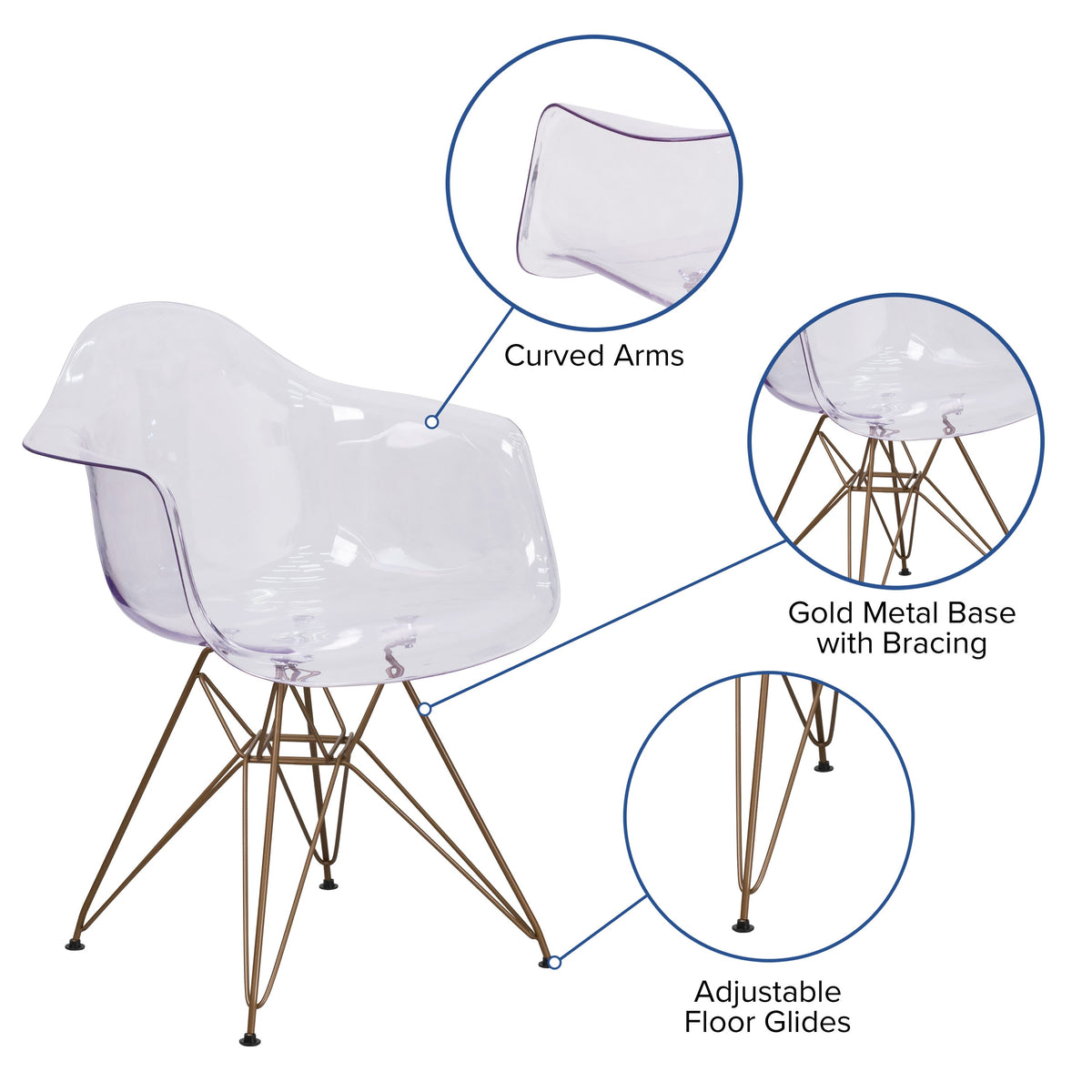 Transparent Side Chair with Arms and Gold Base - Accent & Side Chair