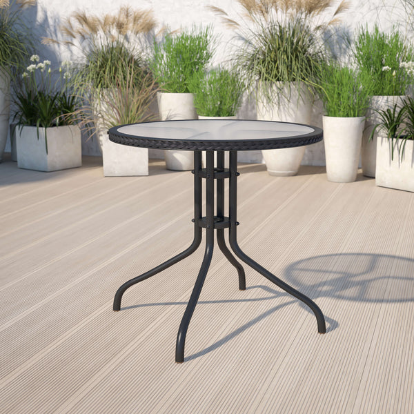 Clear/Black Rattan |#| 28inch Round Tempered Glass Metal Table with Black Rattan Edging