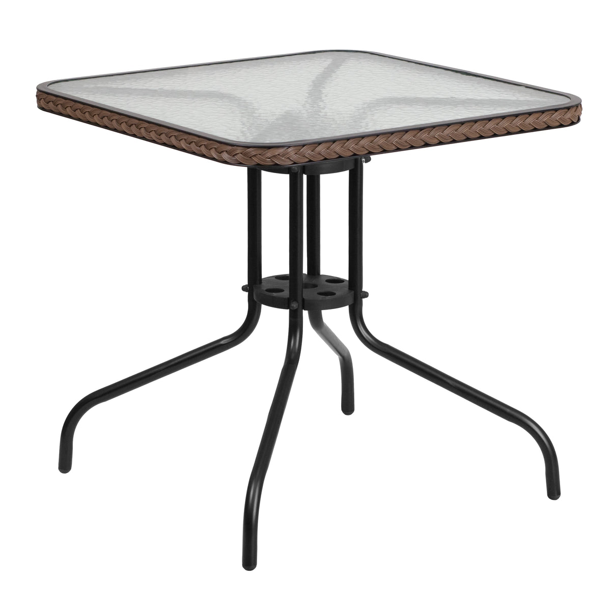 Clear/Dark Brown Rattan |#| 28inch Square Tempered Glass Metal Table with Dark Brown Rattan Edging