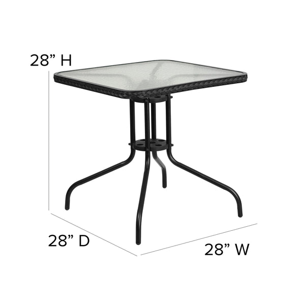 Clear/Black Rattan |#| 28inch Square Tempered Glass Metal Table with Black Rattan Edging