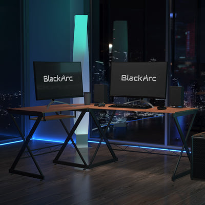 BlackArc 9inety Degree L-Shaped Gaming Desk Laminate Top - Powder Coated Frame-Pull Out Keyboard