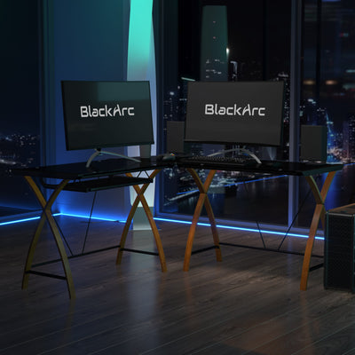 BlackArc Dusk To Destiny L-Shaped Gaming Desk with Tempered Glass Surface and Crisscross Legs - Sliding Keyboard Tray