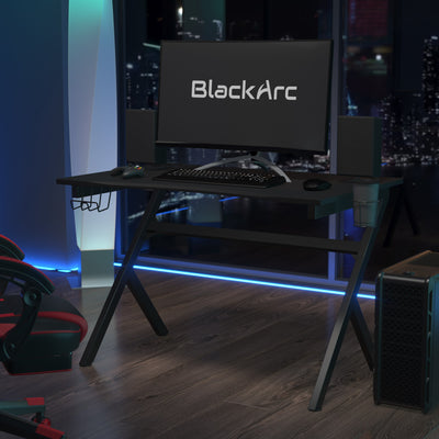 BlackArc Legend 88 Gaming Desk with Carbon Fiber Desktop, Steel Frame and Detachable Cupholder/Headphone Hook, Two Cable Management Holes