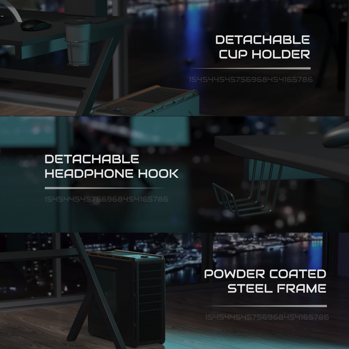 Self-Leveling Black Carbon Fiber Gaming Desk-Detachable Cupholder-Headphone Hook