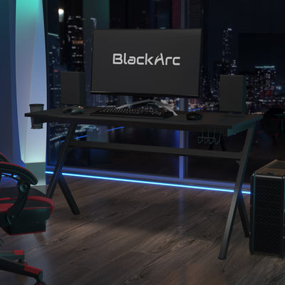 BlackArc Midnight Dawn Gaming Desk Featuring Detachable Cupholder/Headphone Hook, Two Cable Management Holes & Removable Mousepad Top