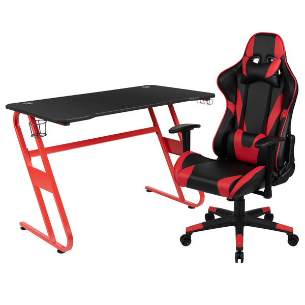 Gaming Desk & Chair with Lumbar Support, Arms, Cupholder & Headphone Hook-Red