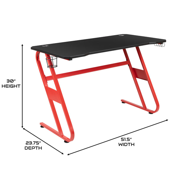 Gaming Desk & Chair with Lumbar Support, Arms, Cupholder & Headphone Hook-Red