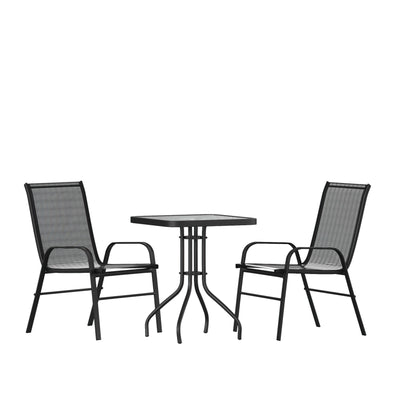 Brazos 3 Piece Outdoor Patio Dining Set - Tempered Glass Patio Table, 2 Flex Comfort Stack Chairs