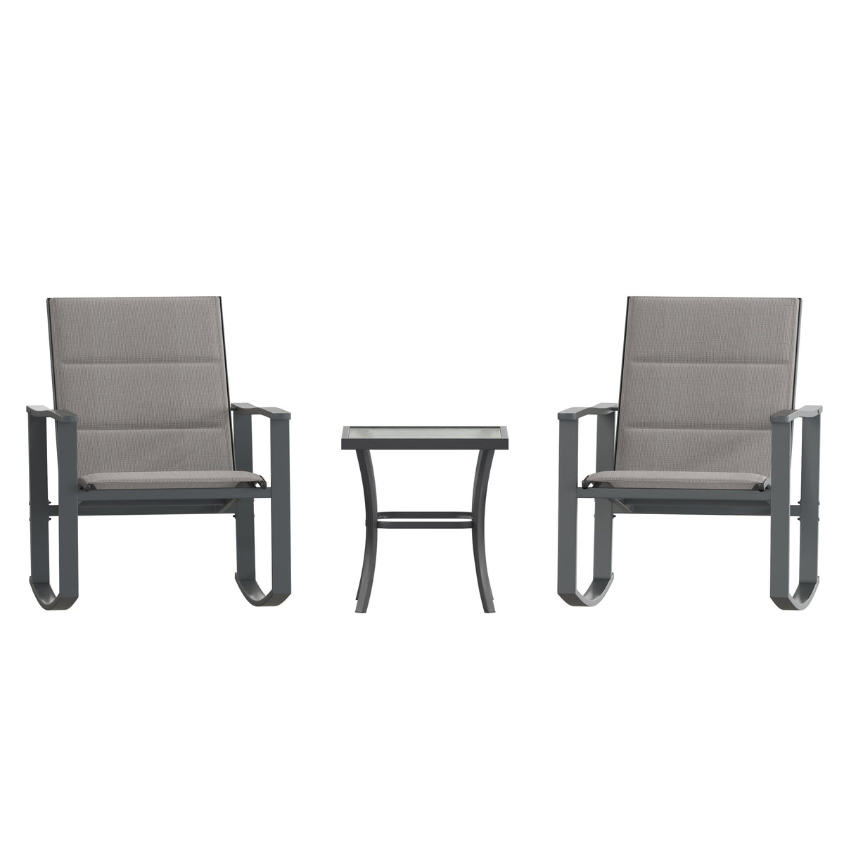Gray |#| 3 Piece All-Weather Rocking Chairs and Glass Top Table Bistro Set - Gray/Black