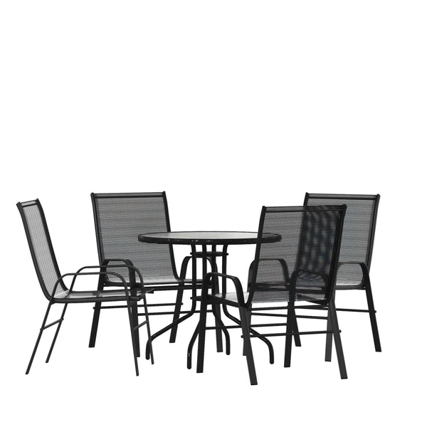 Black |#| 5 Piece Patio Dining Set - 31.5inch Round Glass Table, 4 Black Flex Stack Chairs