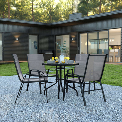 Brazos 5 Piece Outdoor Patio Dining Set - Tempered Glass Patio Table, 4 Flex Comfort Stack Chairs - View 2
