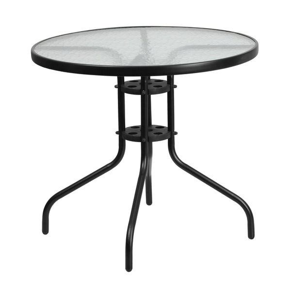 Gray |#| 5 Piece Patio Dining Set - 31.5inch Round Glass Table, 4 Gray Flex Stack Chairs