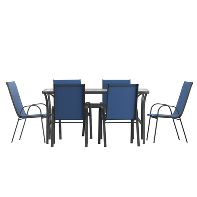 Brazos 7 Piece Commercial Grade Patio Dining Set with Tempered Glass Patio Table and 6 Chairs with Flex Comfort Material Seats and Backs