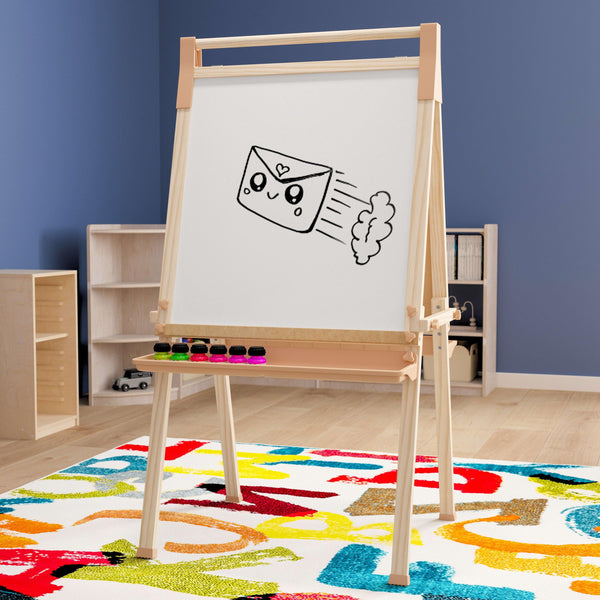 Commercial Wooden Standing Art Easel with Chalkboard & Dry Erase Board-Natural