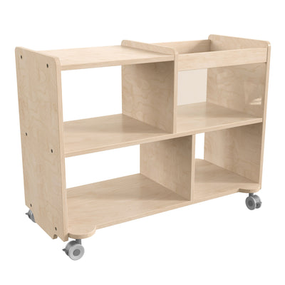 Bright Beginnings Commercial Double Sided Space Saving Wooden Mobile Storage Cart with Locking Casters, Storage Bins, and Open Compartments