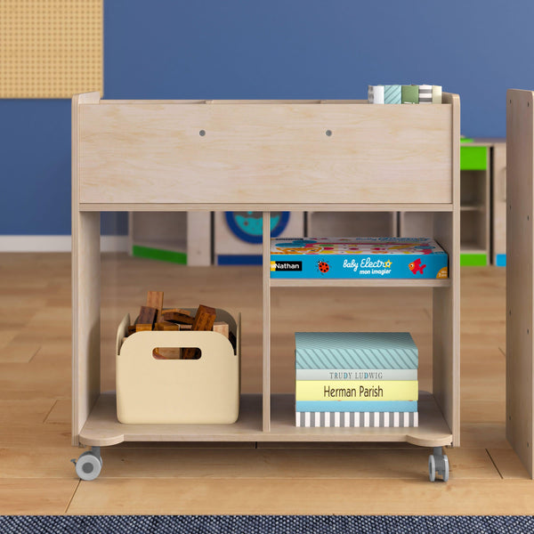 Commercial Wooden Classroom Mobile Storage Cart with 6 Compartments, Natural