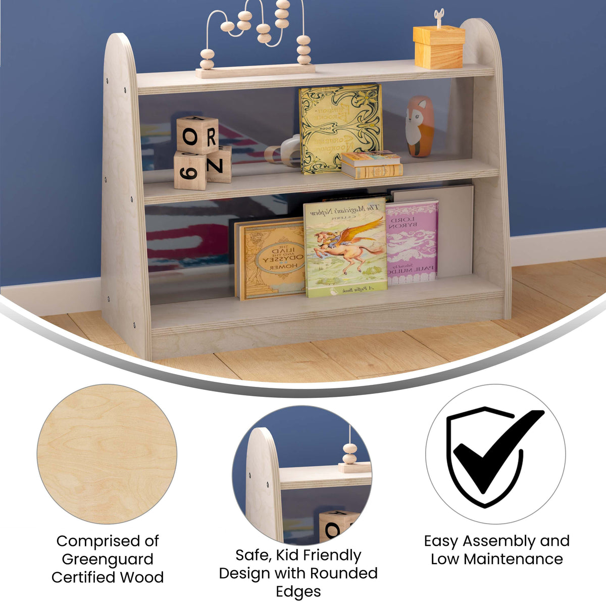 Commercial Grade Natural Finish Wooden Classroom 3 Tier Shelf with Clear Divider