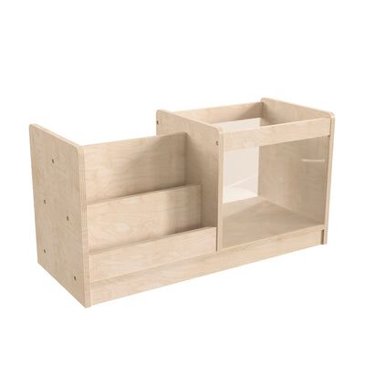 Bright Beginnings Commercial Grade Modular Double Sided Tiered Wooden Classroom Book Display Shelf with Transparent Storage Bin - View 1
