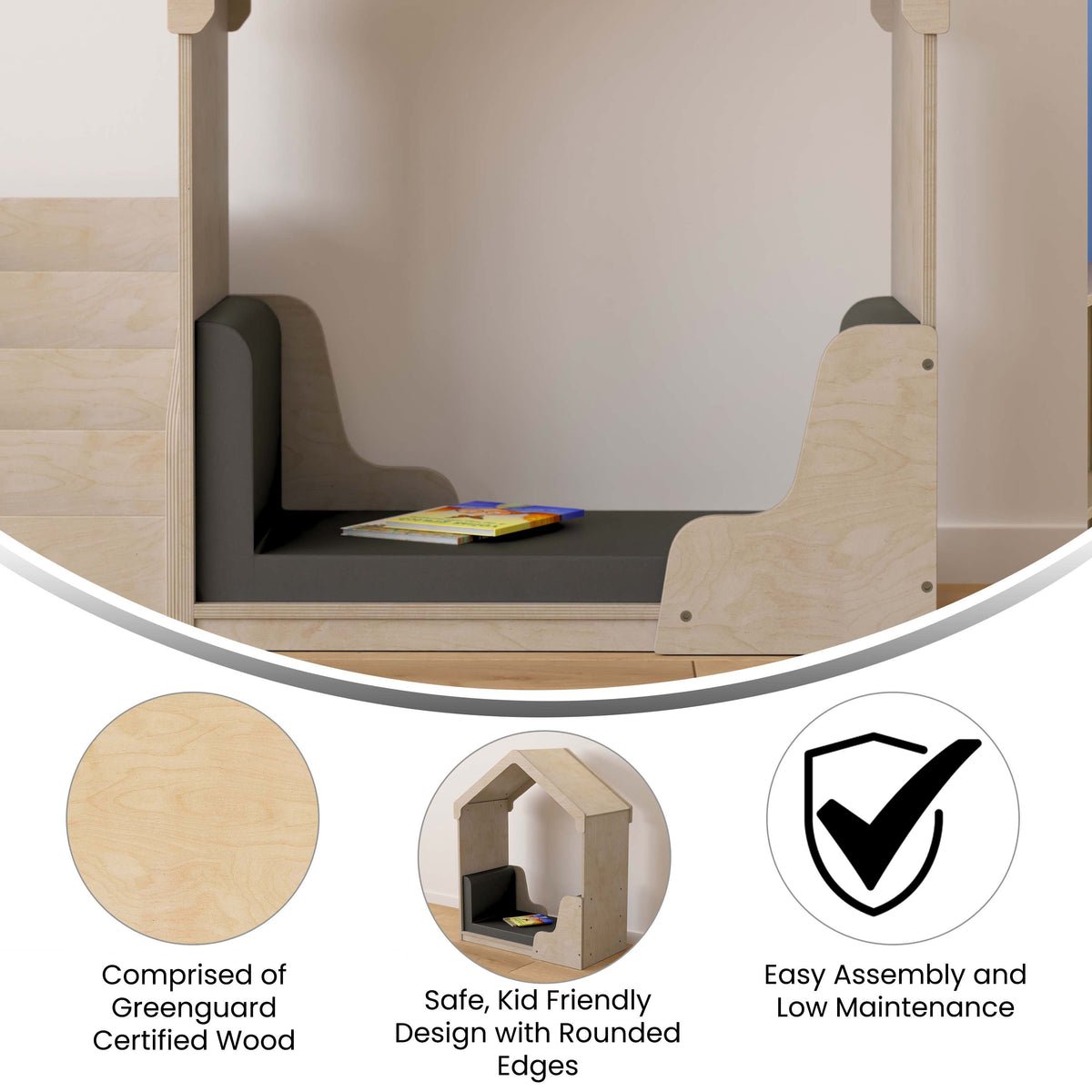 Commercial Grade Wooden Reading Nook with Padded Vinyl Seating