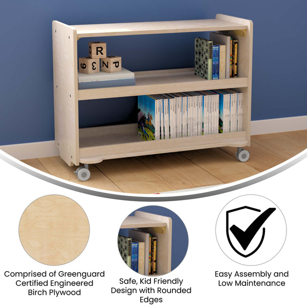 Commercial Grade Natural Finish Wooden Classroom 3 Shelf Mobile Storage Cart