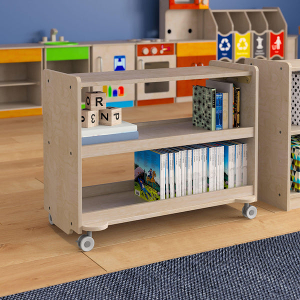 Commercial Grade Natural Finish Wooden Classroom 3 Shelf Mobile Storage Cart