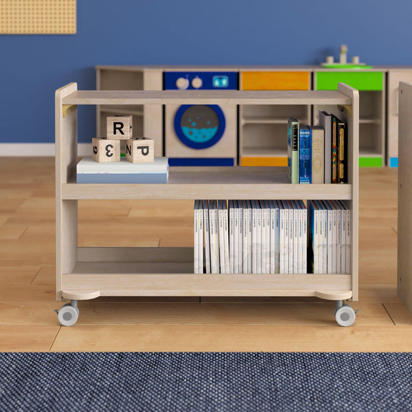 Commercial Grade Natural Finish Wooden Classroom 3 Shelf Mobile Storage Cart