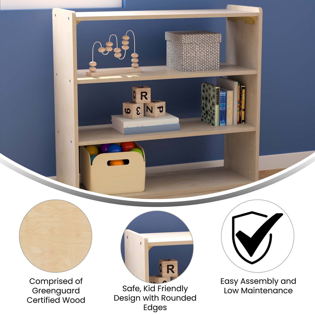Commercial Grade Natural Finish Wooden Classroom 3 Shelf Storage Unit, Kid Safe